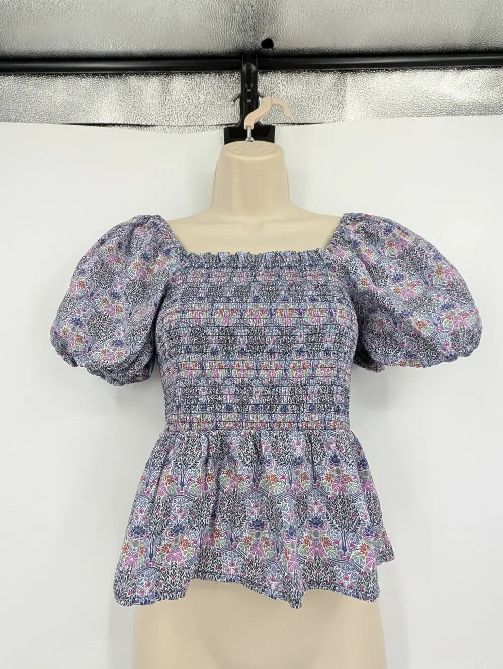 J. Crew Smocked Squareneck Organic Cotton Top Liberty Club Nouveau Fabric Preppy